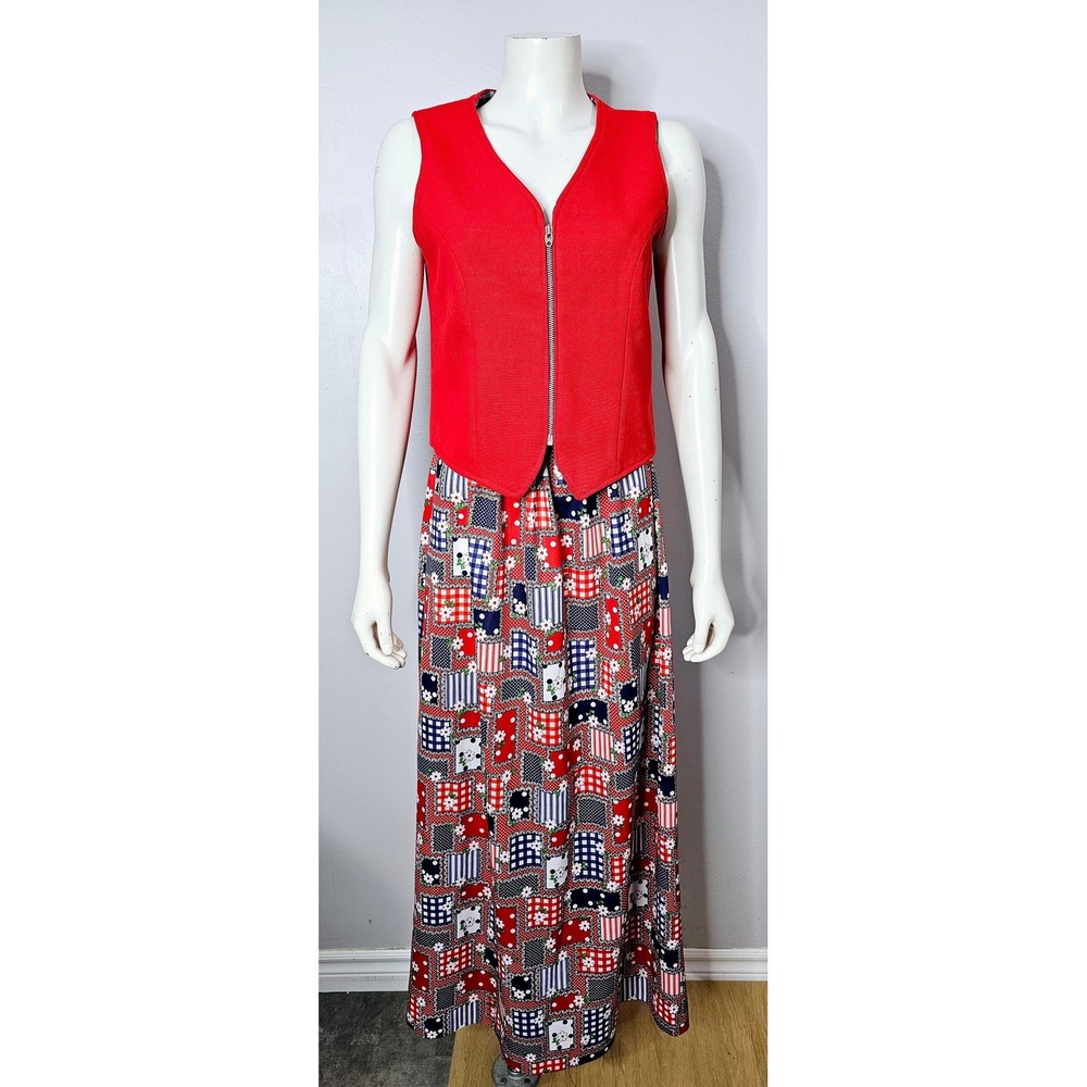 Vintage 1970s Red White And Blue Skirt Set, Reversible Vest, Patchwork